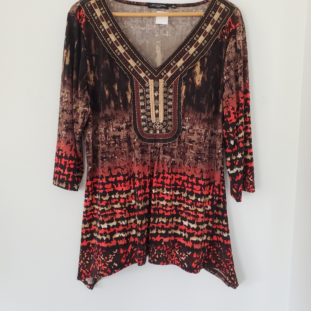 NOTATIONS 1X Bohemian Pullover Embroidery Metal Top 3/4 Sleeves V Neck Hippie